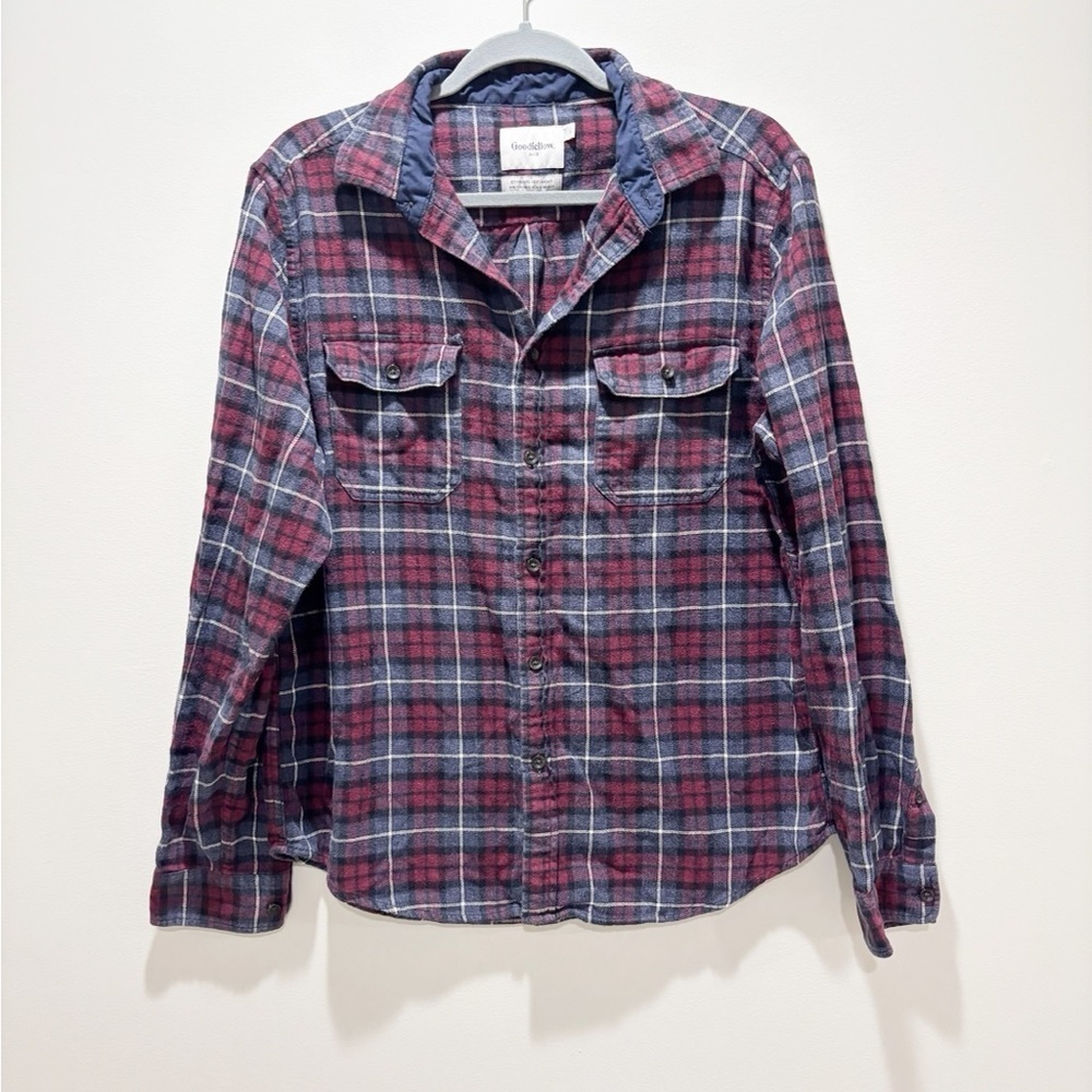 GOODFELLOW Men’s Plaid Button-Up Shirt Navy Burgundy Cotton Button Up Size L